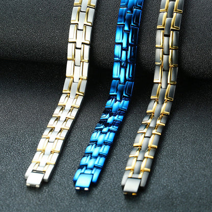 Rockyu メンズ 磁気ブレスレット ステンレス製 3連デザイン ブラック×ゴールド 高級感 シンプルおしゃれ