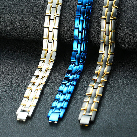 Rockyu メンズ 磁気ブレスレット ステンレス製 3連デザイン ブラック×ゴールド 高級感 シンプルおしゃれ