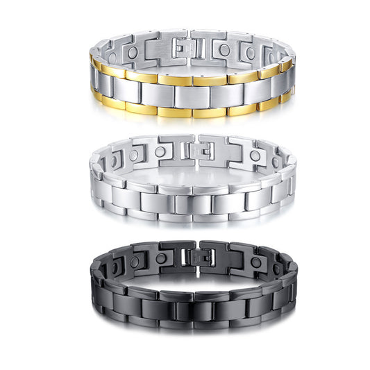 Rockyu ブレスレット メンズ ステンレス ゲルマニウム 磁気 ブラック＆シルバー ニューヨークスタイル