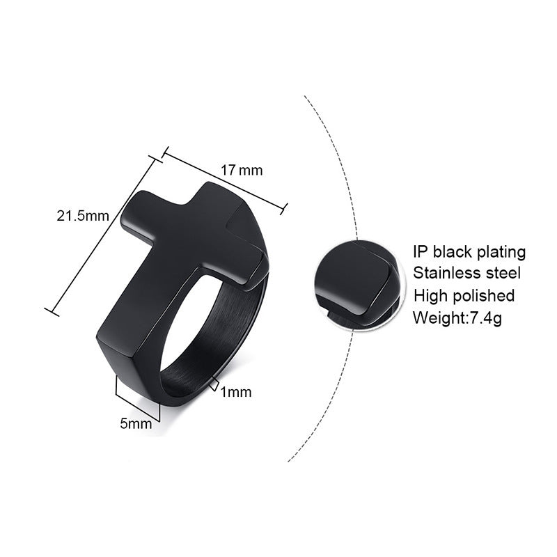 Rockyu メンズリング クロスモチーフ ブラックステンレス 十字架デザイン指輪