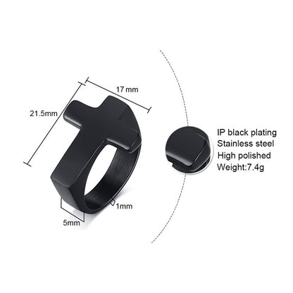 Rockyu メンズリング クロスモチーフ ブラックステンレス 十字架デザイン指輪