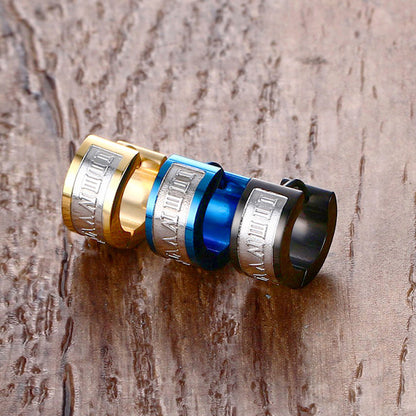 Rockyu ピアス メンズ ブラック 幅広リング ローマ数字デザイン フープピアス ステンレス 金属アレルギー対応