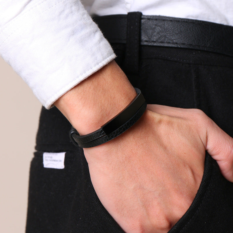 Rockyu ブレスレット メンズ レザー 二重巻き 高光沢ステンレス バングル 20.5cm