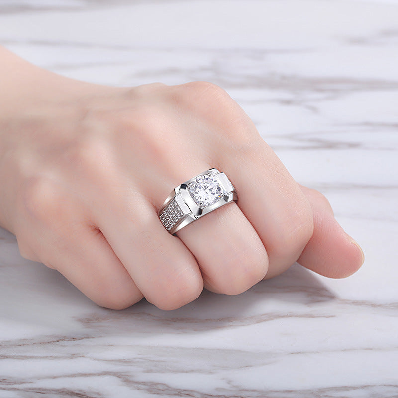 Rockyu メンズリング 大粒ジルコニア シルバー調 フリーサイズ 光沢仕上げ