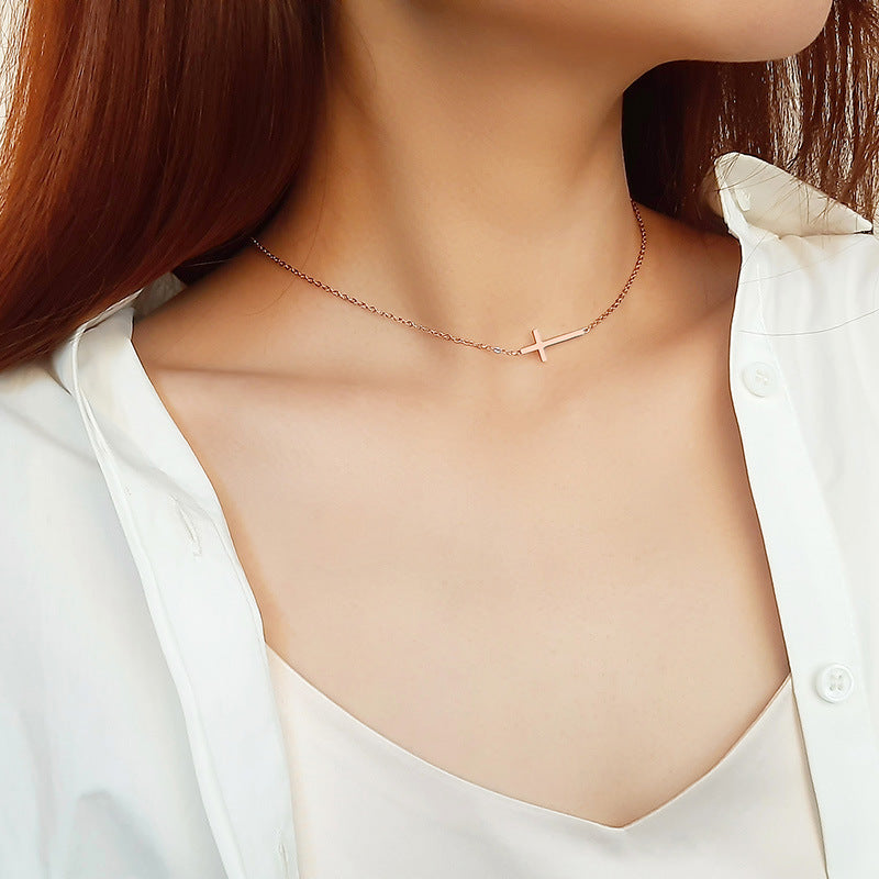 Rockyu 十字架ネックレス ピンクゴールド ステンレス製 シンプルクロス チェーンアクセサリー