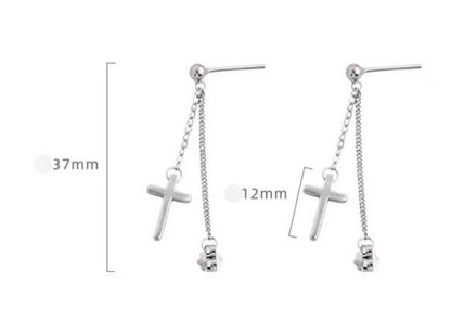 Rockyu ピアス レディース クロス＆ストーンモチーフ ロングチェーンピアス 両耳用 シルバー シンプル 個性派 ギフト