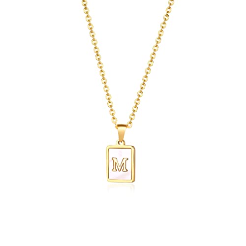 Rockyu ネックレス レディース ゴールド ホワイト イニシャルスクエアペンダント あずきチェーン ステンレス製 ギフトや記念日に