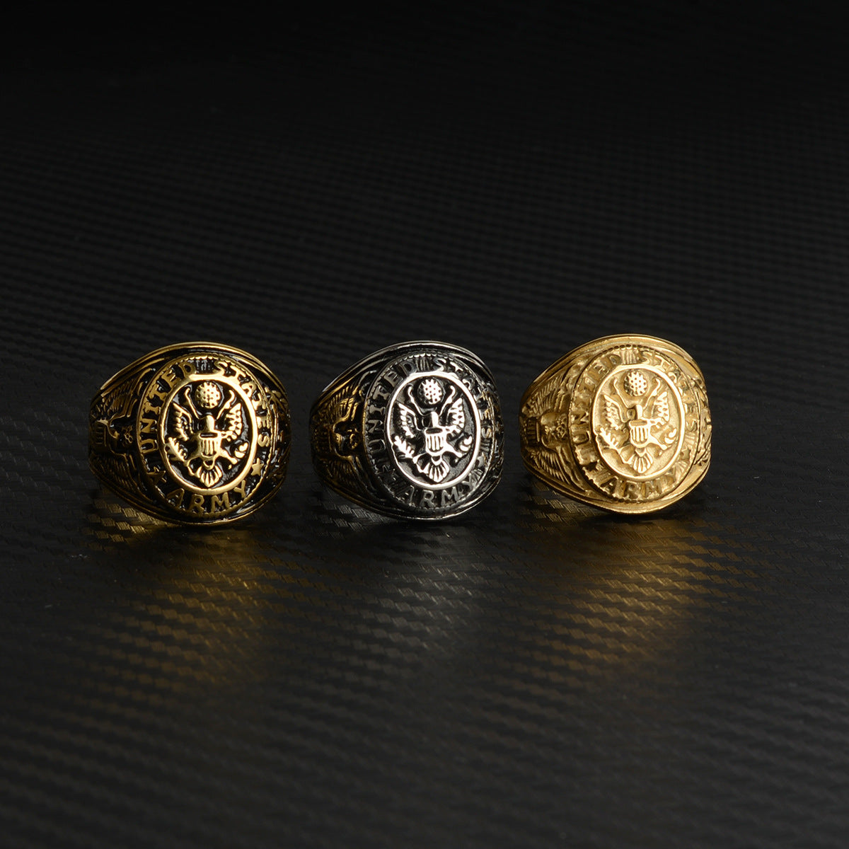 Rockyu メンズ チタン風ステンレスリング イーグル記章デザイン 重厚ゴールドリング