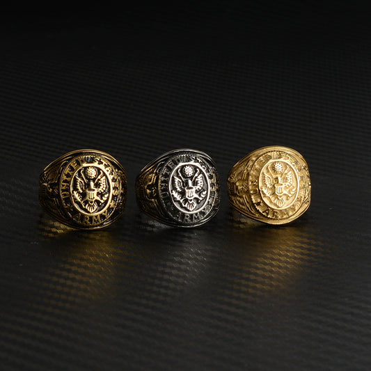 Rockyu メンズ チタン風ステンレスリング イーグル記章デザイン 重厚ゴールドリング