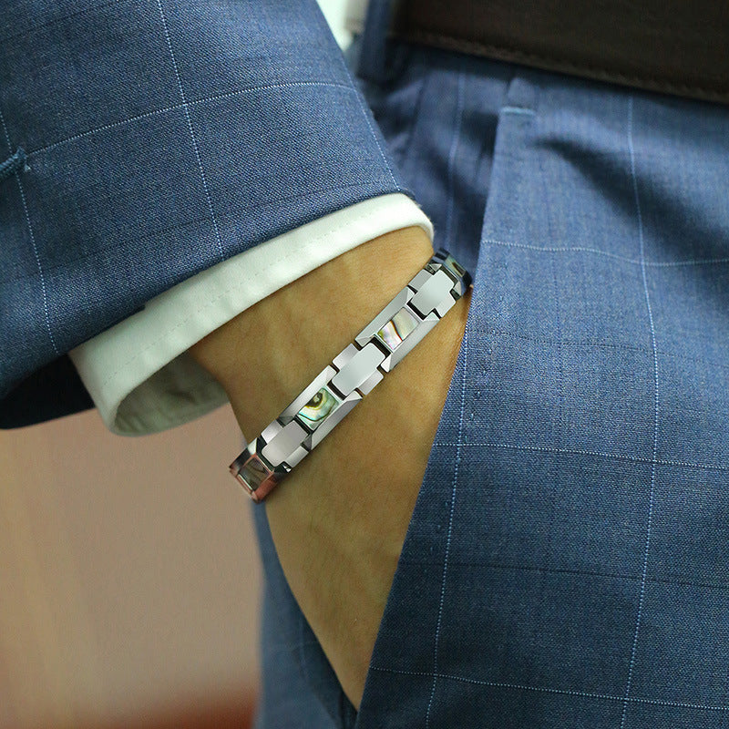 Rockyu 磁気ブレスレット メンズ タングステン 高硬度 シェルインレイ デザインブレス