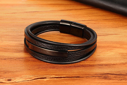 Rockyu レザーブレスレット メンズ 多重巻き ステンレスプレート付き 3色展開