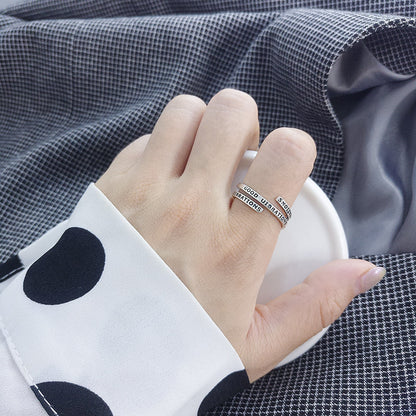 Rockyu s925シルバー 螺旋リング 英字レタリング「GOOD VIBRATIONS」デザイン