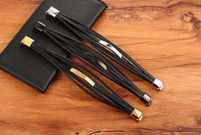 Rockyu レザーブレスレット メンズ 多重巻き ステンレスプレート付き 3色展開