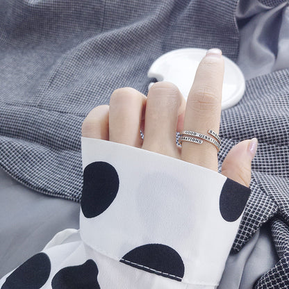 Rockyu s925シルバー 螺旋リング 英字レタリング「GOOD VIBRATIONS」デザイン