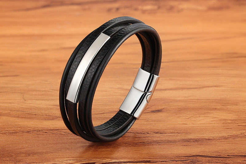 Rockyu レザーブレスレット メンズ 多重巻き ステンレスプレート付き 3色展開