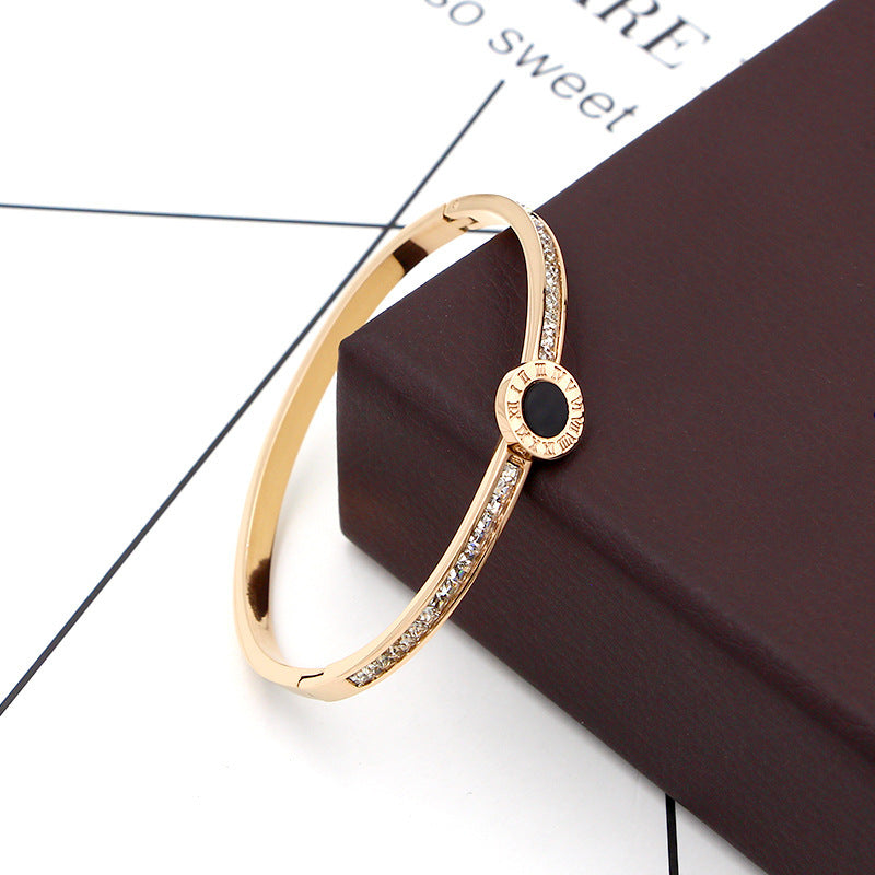 Rockyu バングル レディース ゴールド ステンレス ローマ数字 ラインストーン ジュエリー