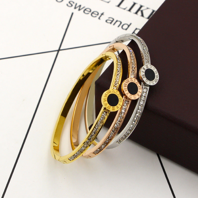 Rockyu バングル レディース ゴールド ステンレス ローマ数字 ラインストーン ジュエリー