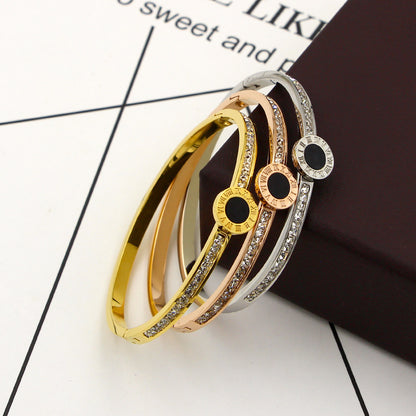 Rockyu バングル レディース ゴールド ステンレス ローマ数字 ラインストーン ジュエリー