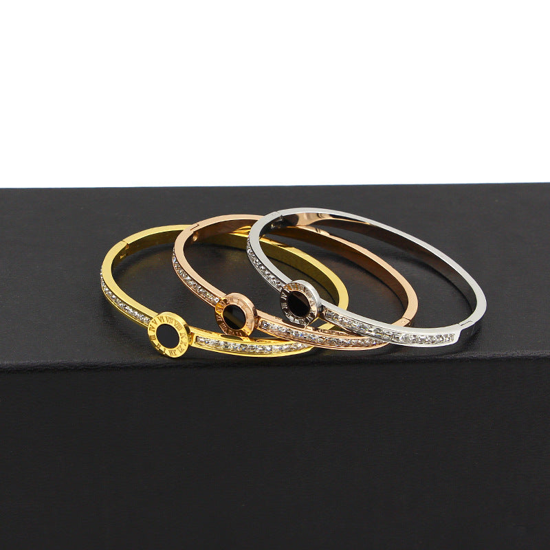 Rockyu バングル レディース ゴールド ステンレス ローマ数字 ラインストーン ジュエリー