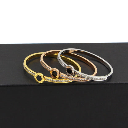 Rockyu バングル レディース ゴールド ステンレス ローマ数字 ラインストーン ジュエリー