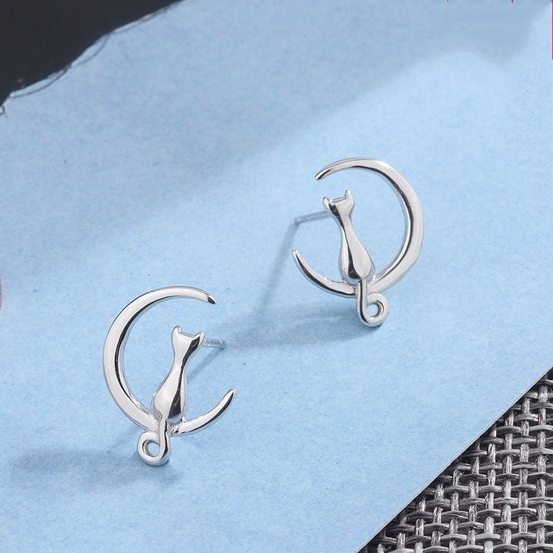 Rockyu レディース ピアス ネコ 三日月 シルバー スタッド 両耳セット 可愛い 小さい
