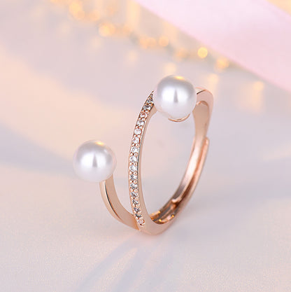 Rockyu シルバーリング 2粒パール＆ジルコニア レディース フリーサイズ指輪