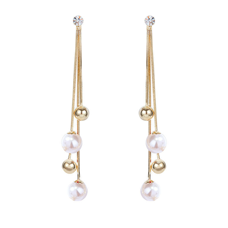Rockyu レディースロングチェーンピアス 三連ボール 揺れるデザイン レッド＆パール ゴールド仕上げ