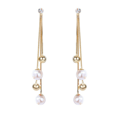 Rockyu レディースロングチェーンピアス 三連ボール 揺れるデザイン レッド＆パール ゴールド仕上げ