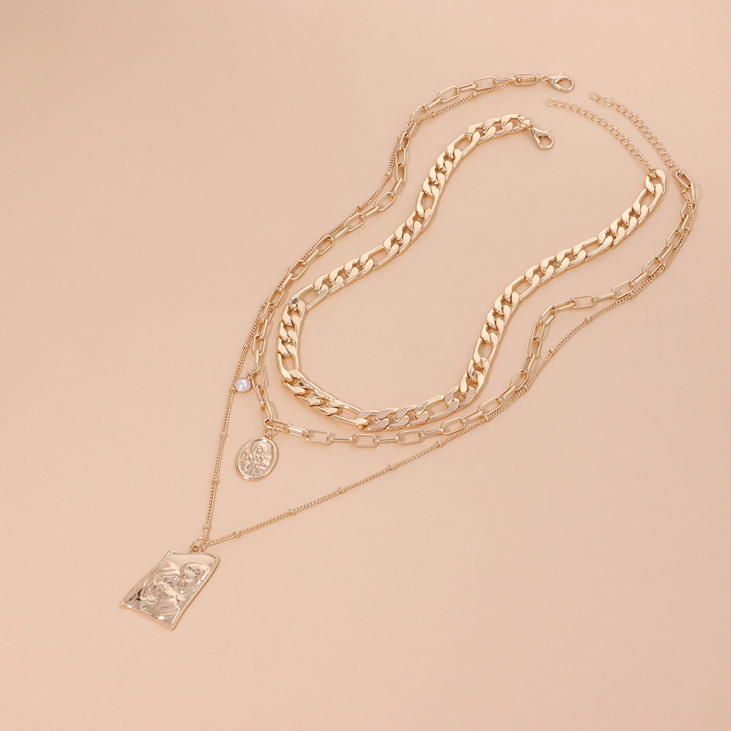 Rockyu レディースネックレス 3連チェーン 仏像ペンダント ゴールド 18金メッキ