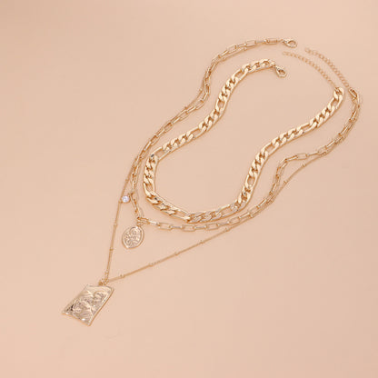 Rockyu レディースネックレス 3連チェーン 仏像ペンダント ゴールド 18金メッキ