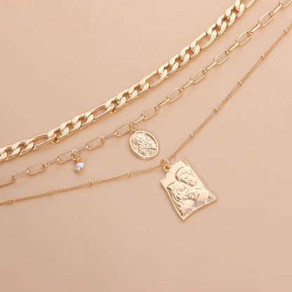 Rockyu レディースネックレス 3連チェーン 仏像ペンダント ゴールド 18金メッキ