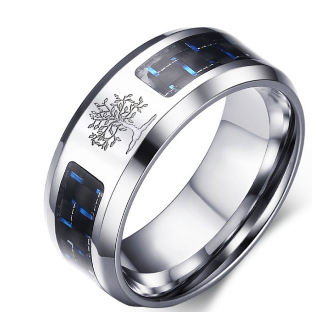 Rockyu メンズリング ステンレス製 炭素繊維チェック＆刻印デザイン シルバー×ブラック