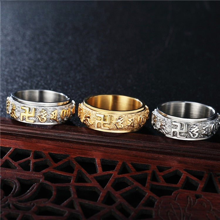 Rockyu 指輪 メンズ ステンレス 六字真言 彫刻リング ニューヨークスタイル