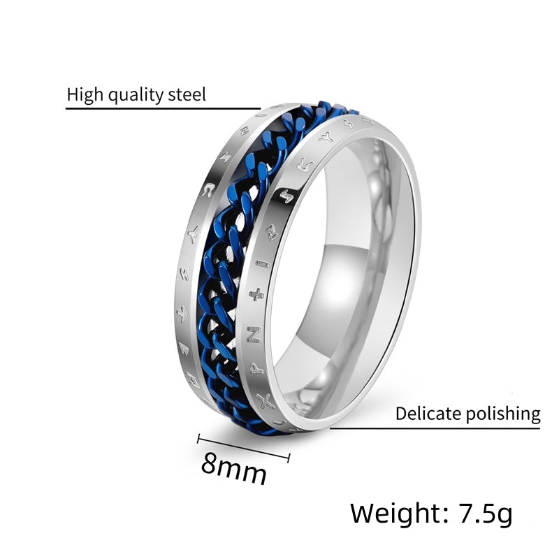 Rockyu 北欧ルーン文字チェーンリング メンズ 回転式 チタン製 ファッションアクセサリー