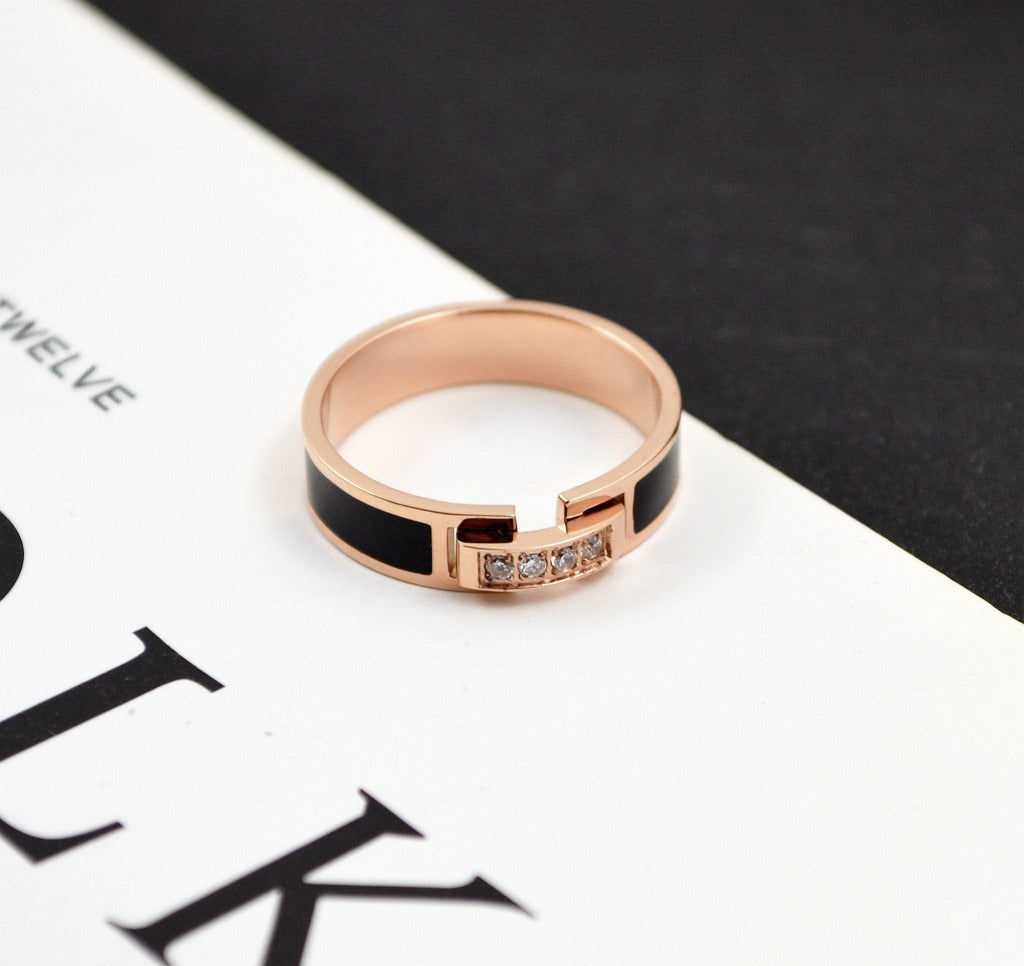 Rockyu ステンレスリング レディース ピンクゴールド ジルコニア×ブラック 5mm幅 指輪