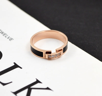 Rockyu ステンレスリング レディース ピンクゴールド ジルコニア×ブラック 5mm幅 指輪