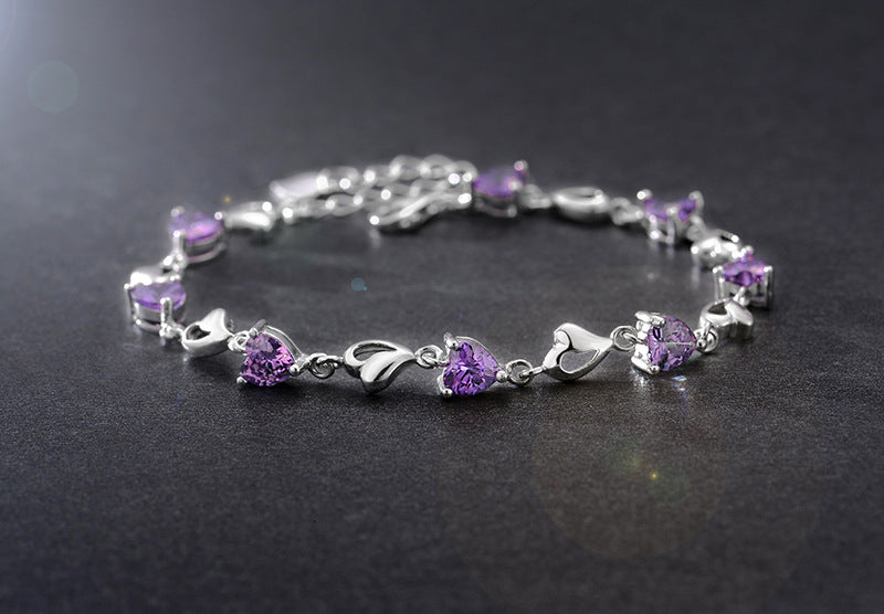 Rockyu ハートクリスタルブレスレット レディース – アレルギー対応 細身シルバーチェーン（全4色）