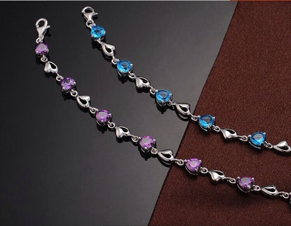 Rockyu ハートクリスタルブレスレット レディース – アレルギー対応 細身シルバーチェーン（全4色）