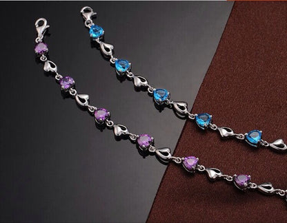 Rockyu ハートクリスタルブレスレット レディース – アレルギー対応 細身シルバーチェーン（全4色）