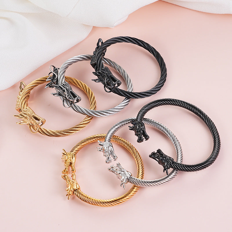 Rockyu ワイヤードラゴンバングル｜メンズ向けシルバーステンレスブレスレット