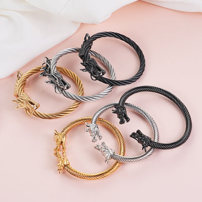 Rockyu ワイヤードラゴンバングル｜メンズ向けシルバーステンレスブレスレット