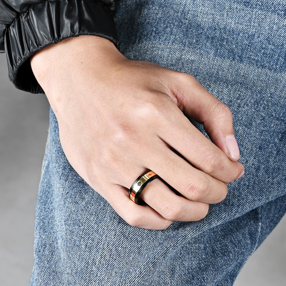 Rockyu トランプスピンリング メンズ ステンレス製 ブラック＆ゴールド