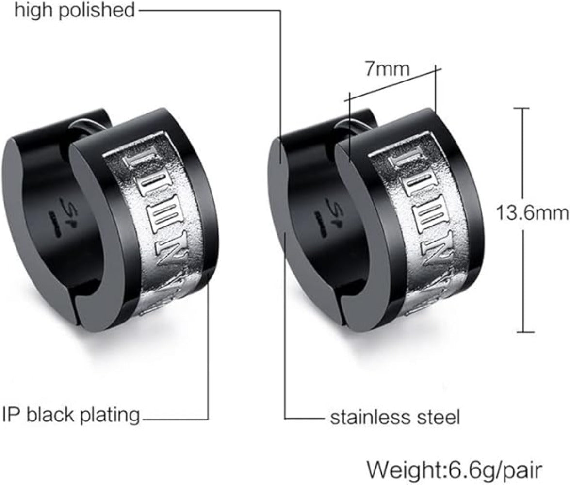 Rockyu ピアス メンズ ブラック 幅広リング ローマ数字デザイン フープピアス ステンレス 金属アレルギー対応