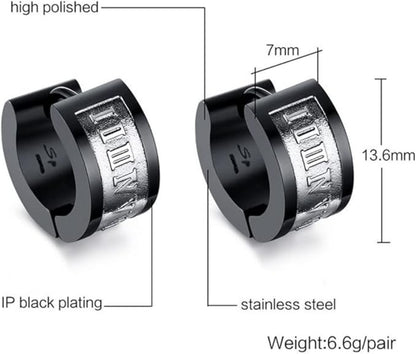 Rockyu ピアス メンズ ブラック 幅広リング ローマ数字デザイン フープピアス ステンレス 金属アレルギー対応