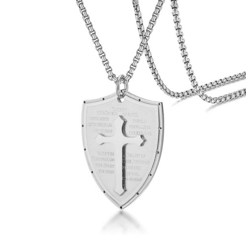 Rockyu シールドクロス ネックレス メンズ ステンレス 経文刻印 十字架ペンダント