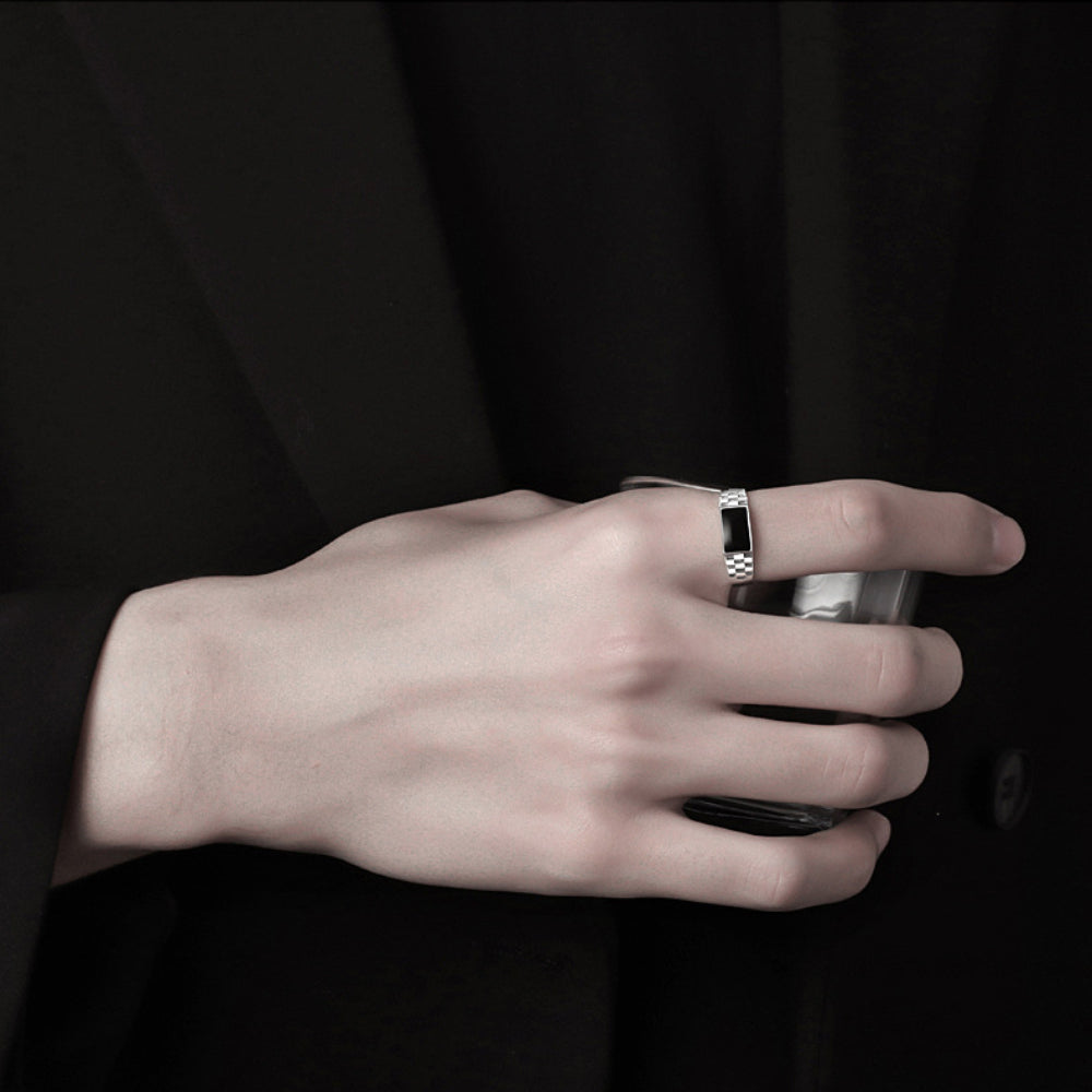 Rockyu 指輪 メンズ シルバー925 チェッカーデザイン ブラックオニキス調 フリーサイズリング おしゃれ シンプル モダンデザイン