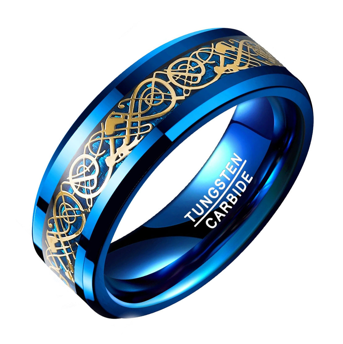 Rockyu タングステン リング メンズ 指輪 ゴールド龍紋×ブルーカーボン 8mm