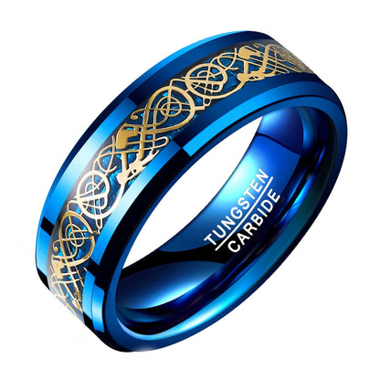 Rockyu タングステン リング メンズ 指輪 ゴールド龍紋×ブルーカーボン 8mm