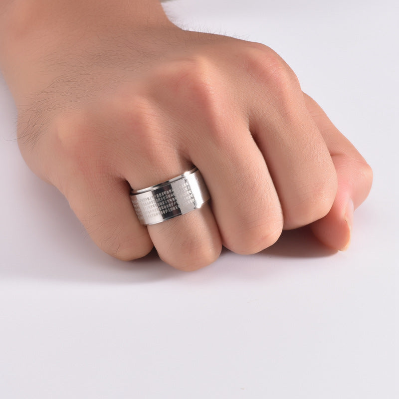 Rockyu メンズリング ステンレス製 大悲呪 回転式 12mm幅 スピナーリング