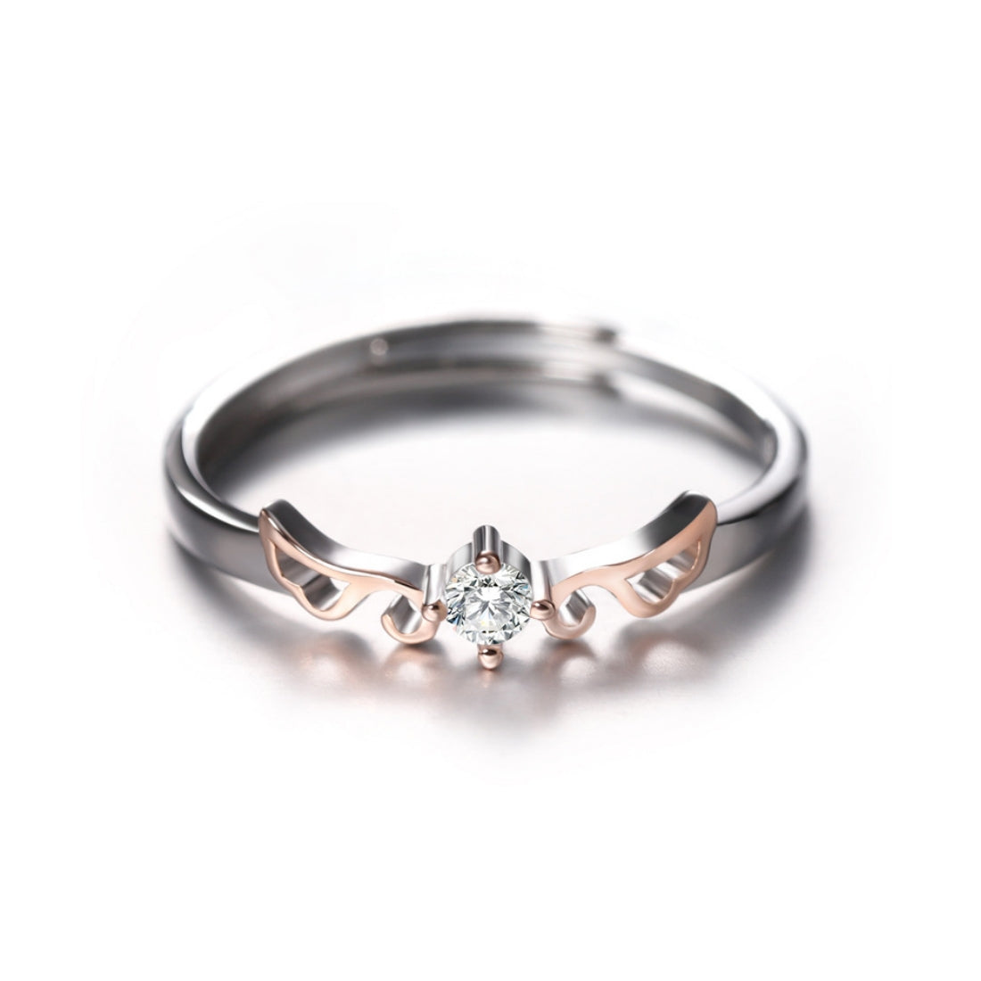 Rockyu 天使の翼 ペアリング S925純銀仕上げ フリーサイズ CZダイヤ カップル用